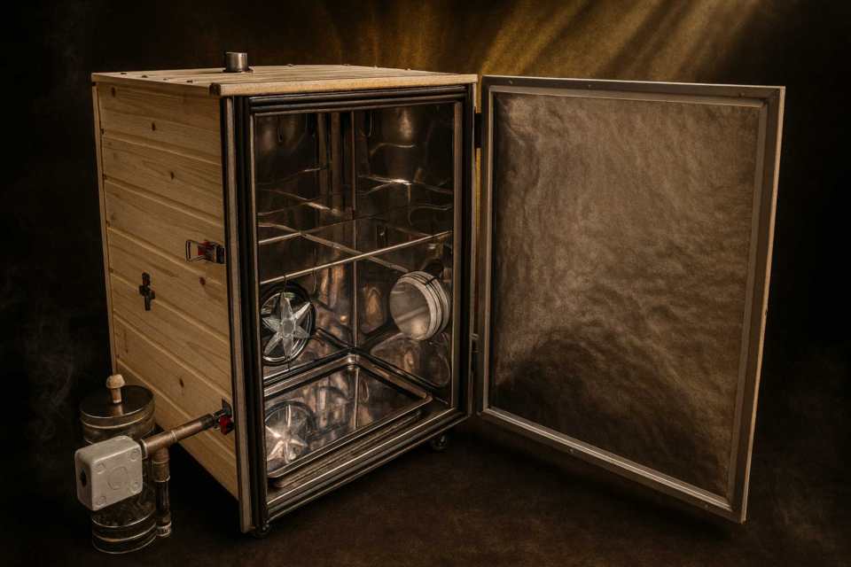 Compact home electric smoker, matte black steel, modern brutal design, on black background with subtle yellow rim light, product shot, 1:1