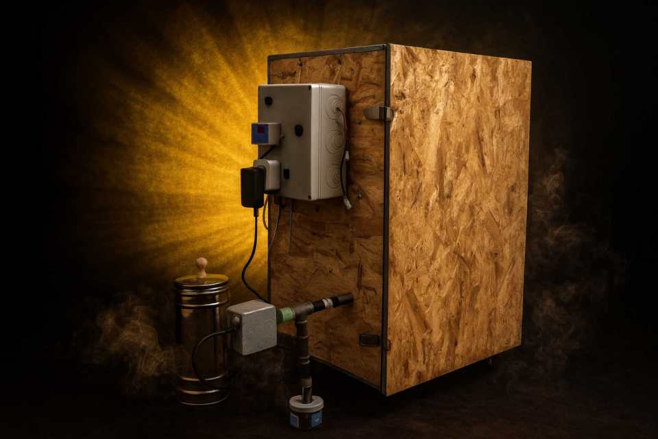 Compact home electric smoker, matte black steel, modern brutal design, on black background with subtle yellow rim light, product shot, 1:1