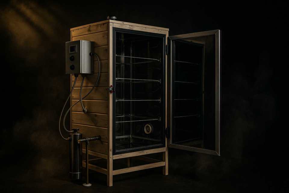 Compact home electric smoker, matte black steel, modern brutal design, on black background with subtle yellow rim light, product shot, 1:1